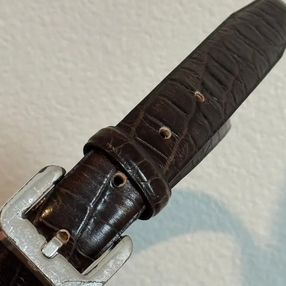 Vintage Ann Taylor Dark Brown Croc Embossed Leather Belt Silver Metal Buckle S